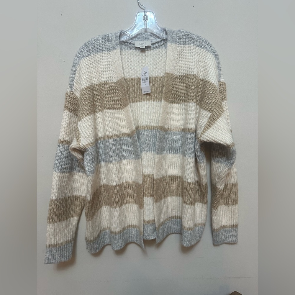 LOFT Outlet Striped Open Front Cardigan NWT Neutral Gray Tan Cream Size M